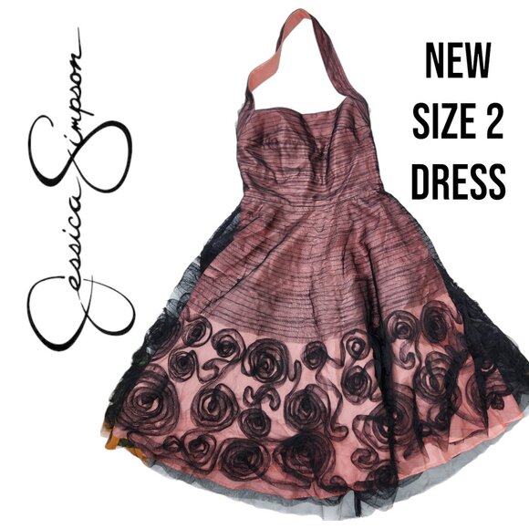NEW Jessica Simpson Halter Cocktail Prom Dress Bridal Dance Retro Black Lace Pin - Picture 1 of 14